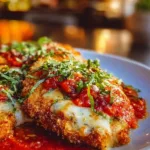 Delicious Classic Chicken Parmesan served with marinara sauce and melted cheese