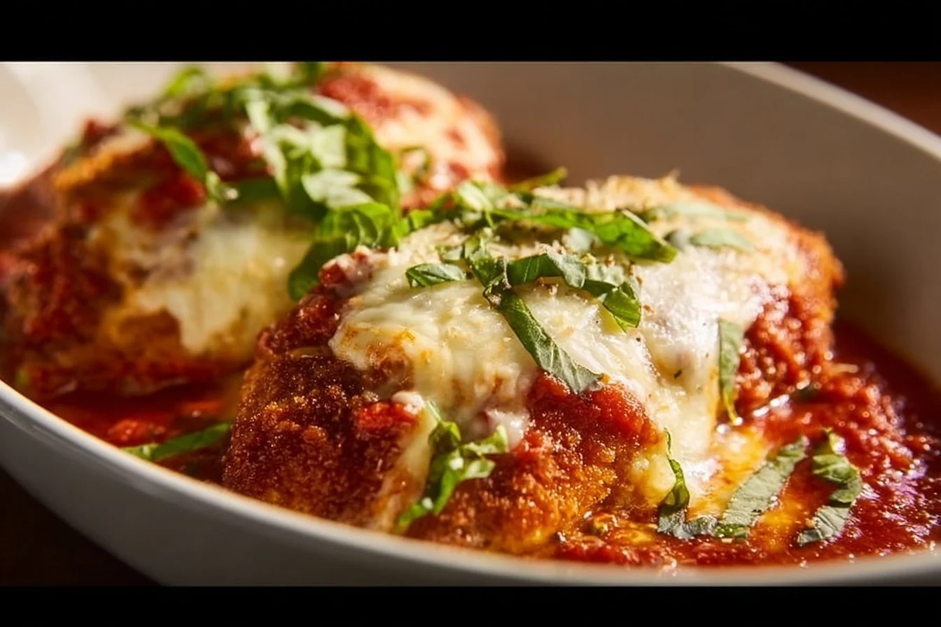 Delicious plate of classic Chicken Parmesan with melted cheese and basil garnish