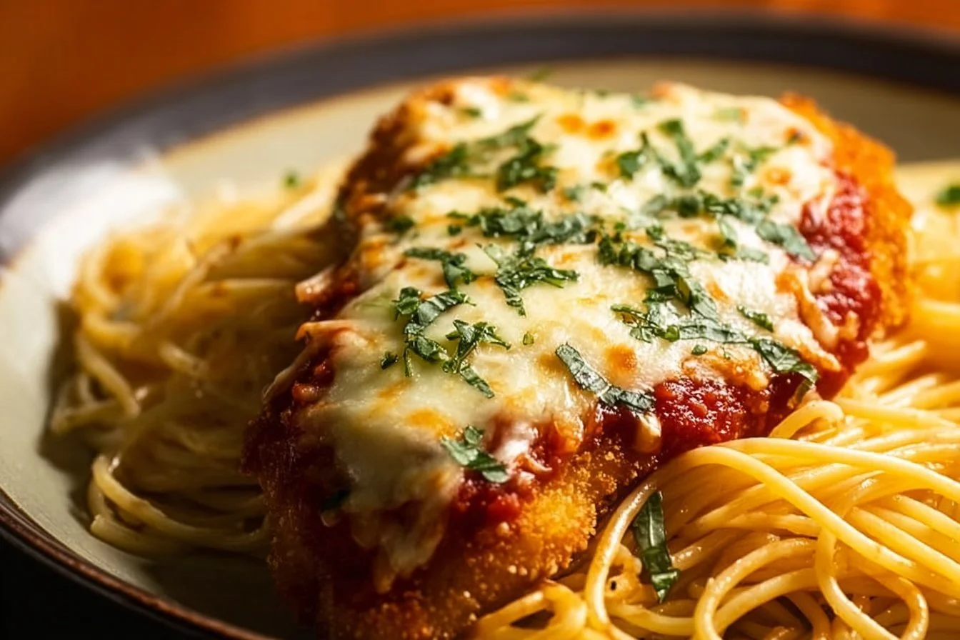 Delicious classic chicken parmesan with melty cheese and marinara sauce