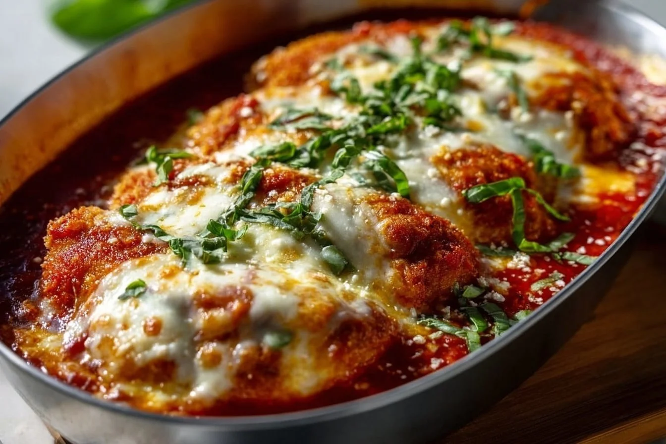 Delicious Classic Chicken Parmigiana with marinara and cheese