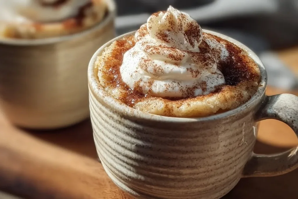 Cottage Cheese Cinnamon Roll Mug Cake topped with cinnamon and icing