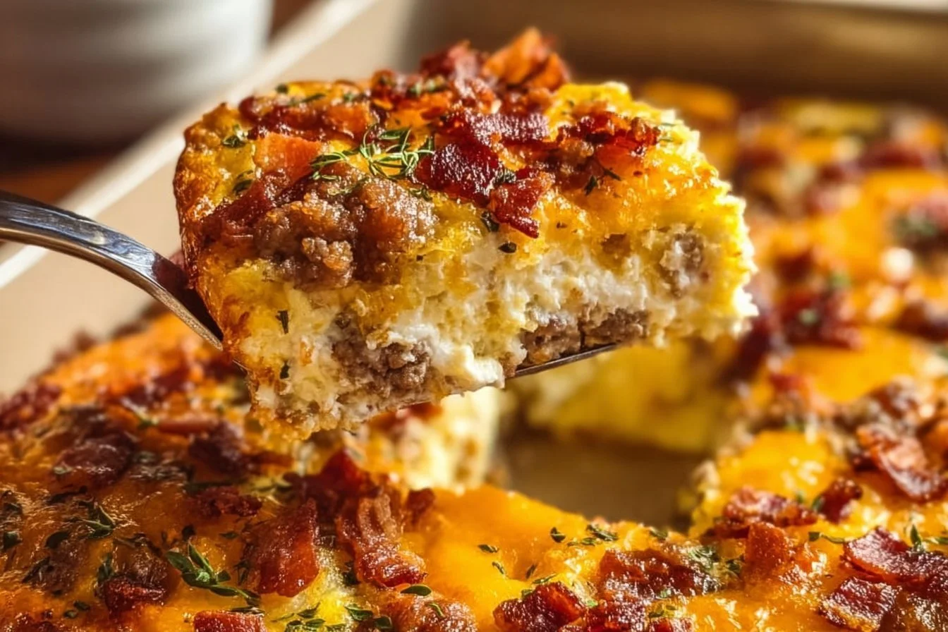 Delicious Crack Breakfast Casserole topped with cheese and herbs