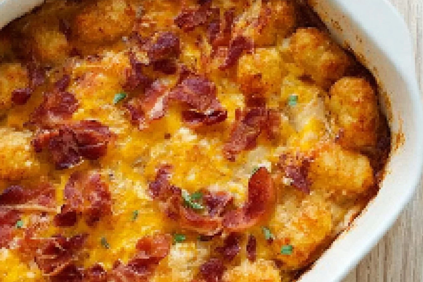 Delicious Cracked Out Tater Tot Breakfast Casserole topped with cheese and bacon