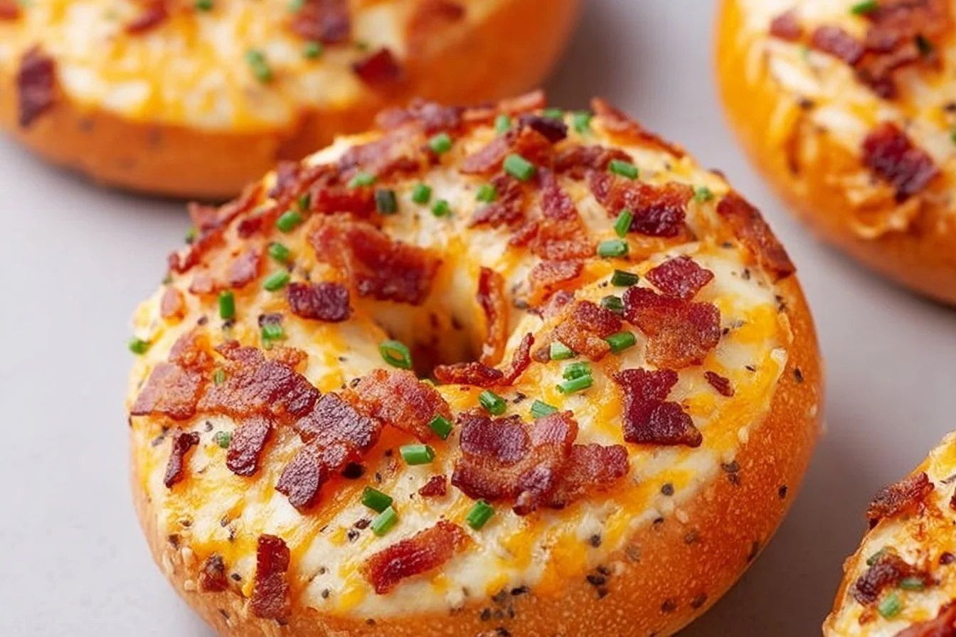 Creamy Bacon Cheddar Bagels with cheese and crispy bacon