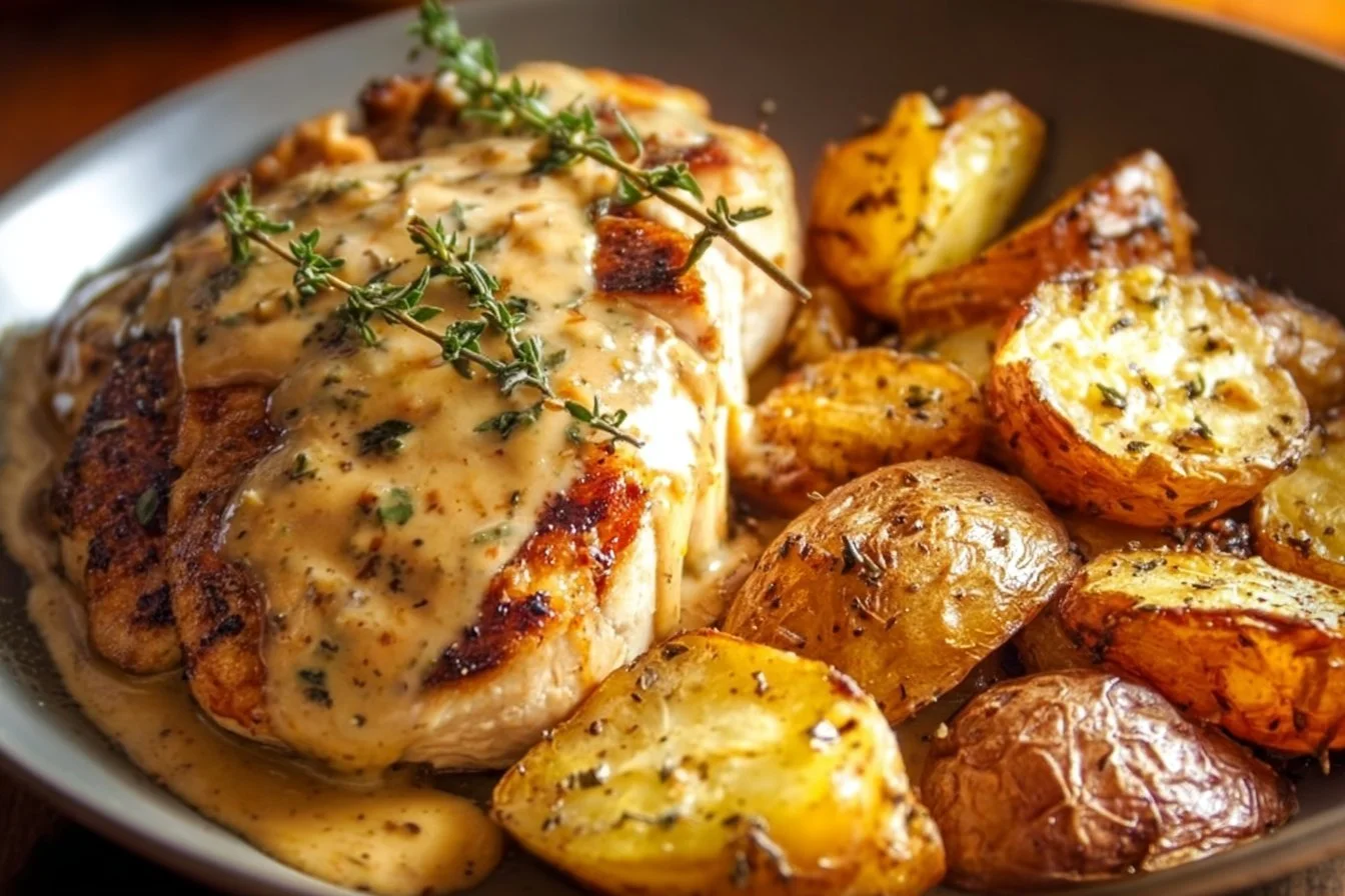 Creamy garlic chicken with potatoes dish on a plate