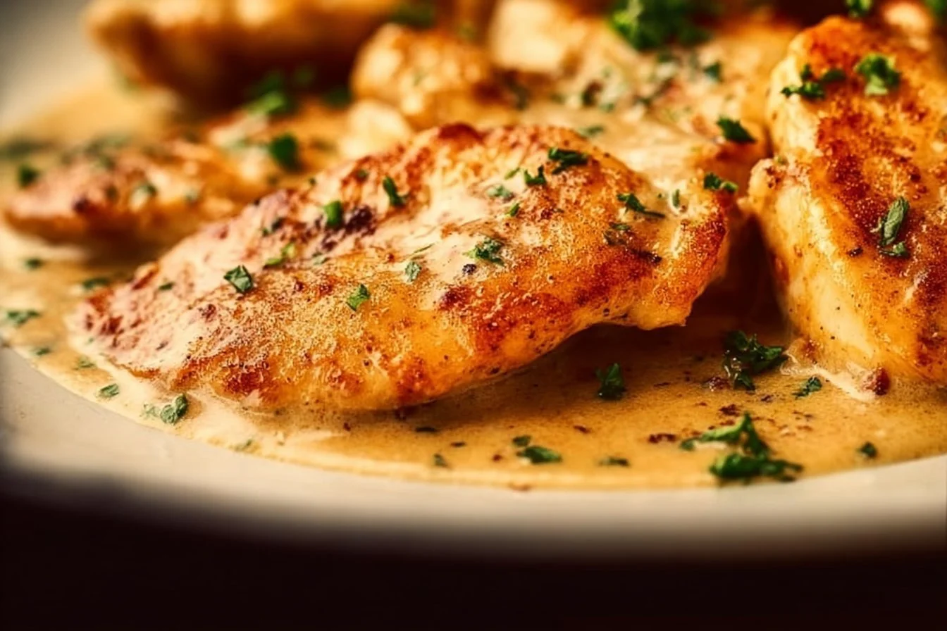 Creamy garlic parmesan chicken served with herbs and a side of vegetables
