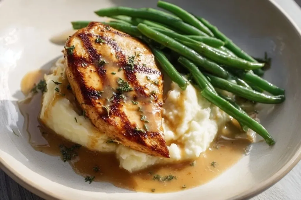 Creamy garlic parmesan chicken breast served with herbs and garnished.