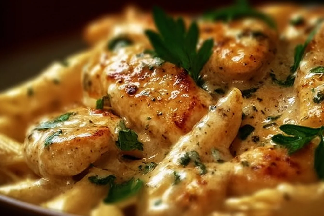 Creamy Parmesan Chicken served with Penne pasta in a delicious sauce