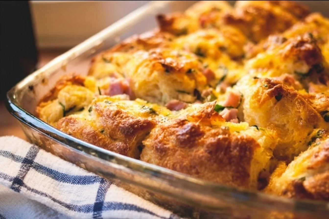 Crescent Roll Breakfast Casserole breakfast casserole Crescent Roll Breakfast Casserole topped with cheese and herbs, served in a baking dish