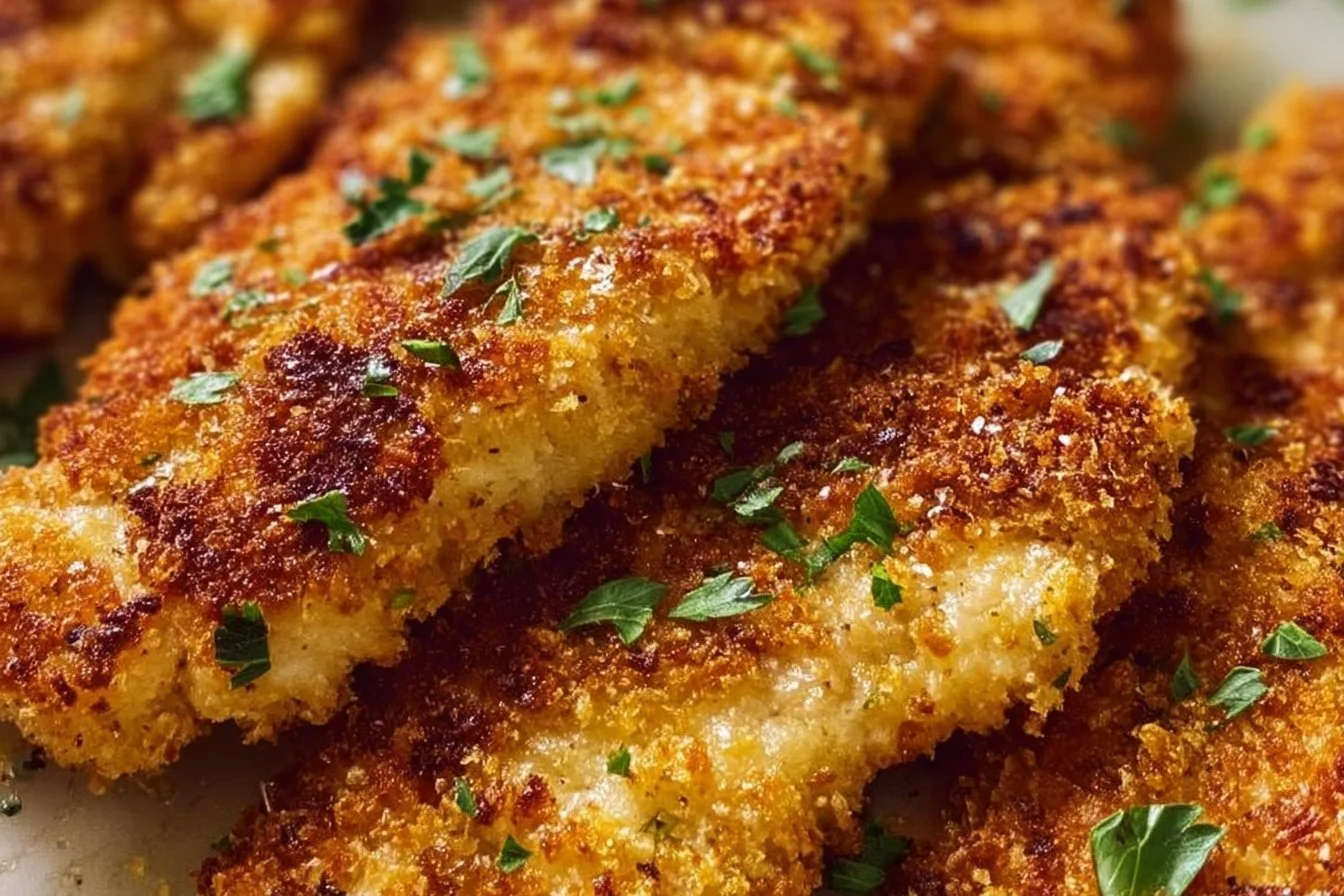 Crispy Baked Parmesan Chicken on a plate garnished with herbs.