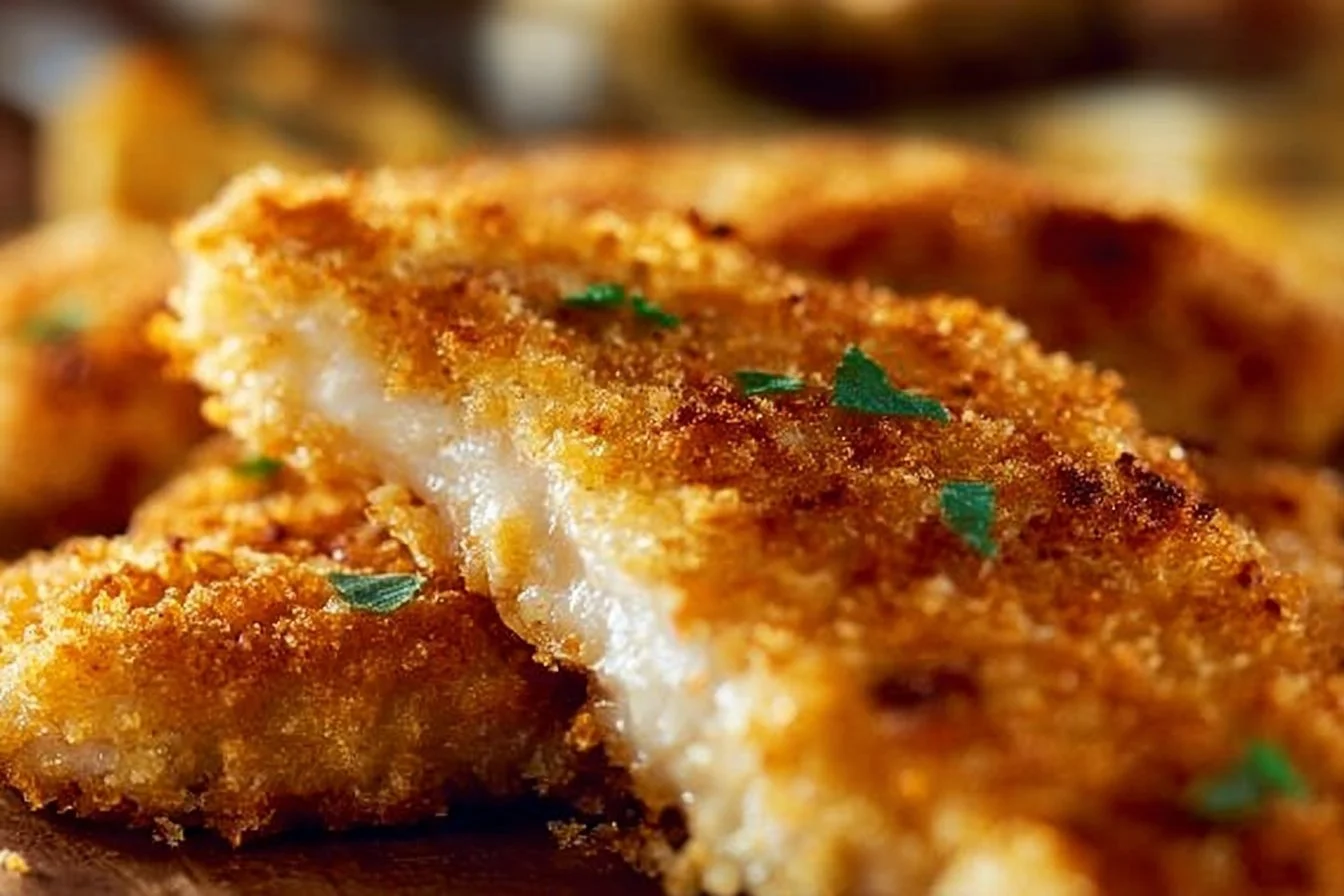 Crispy baked parmesan chicken fresh out of the oven with golden crust