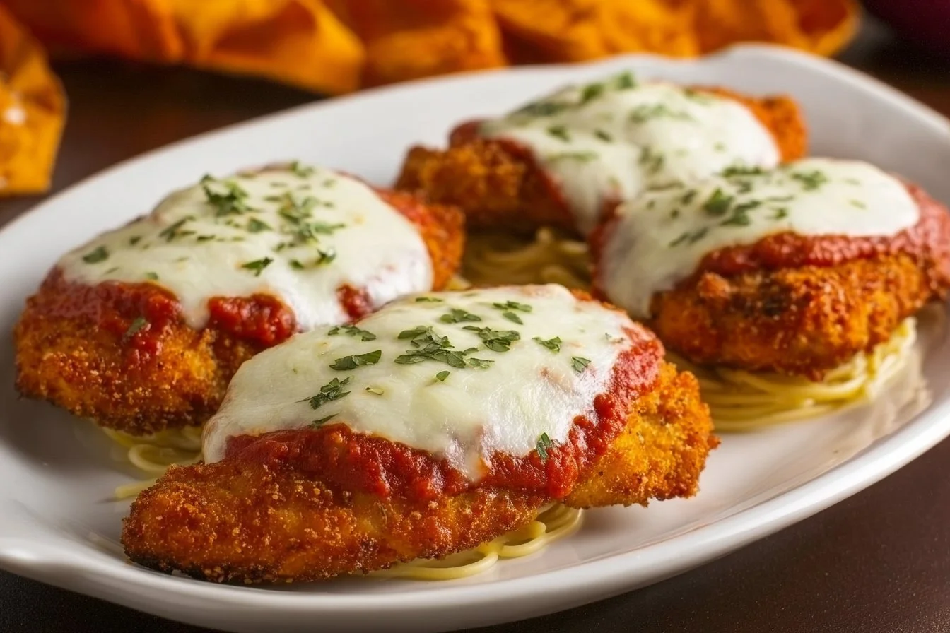 Crispy Chicken Parmesan served with marinara sauce and melted cheese on top