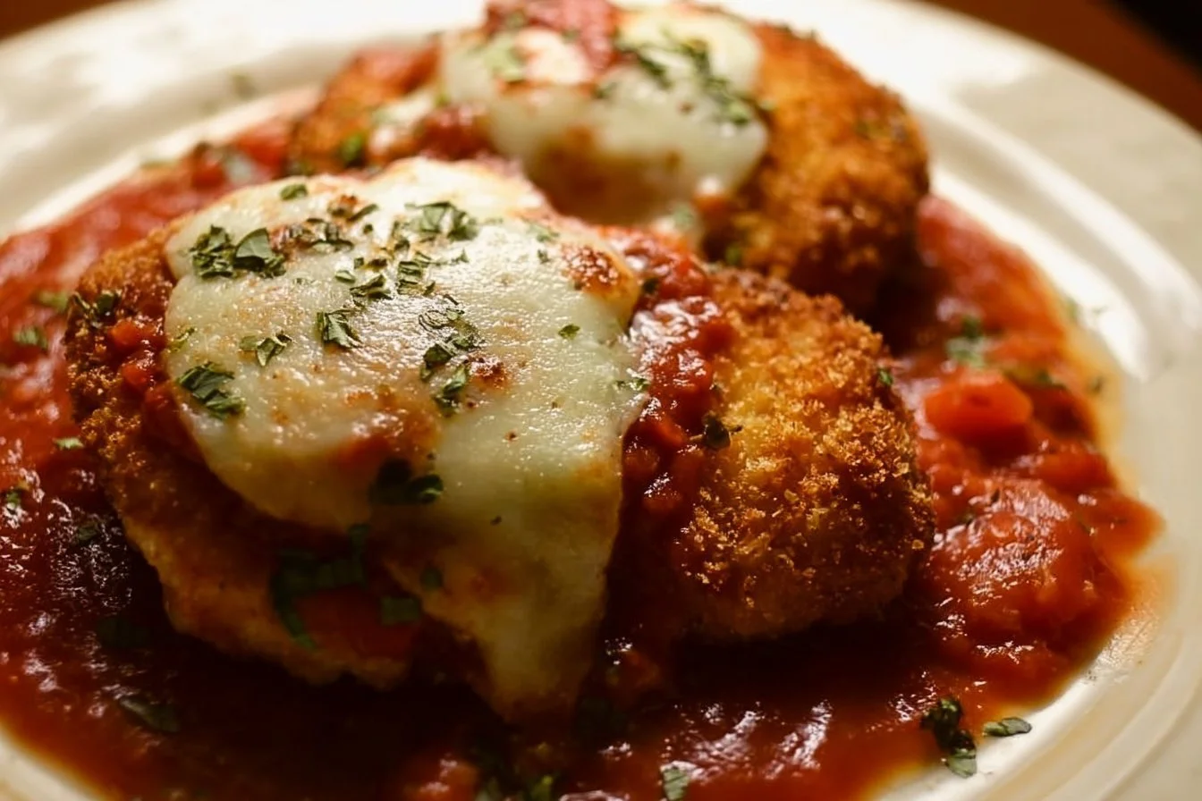 Crispy Chicken Parmesan chicken parmesan Plate of crispy chicken parmesan topped with melted cheese and marinara sauce