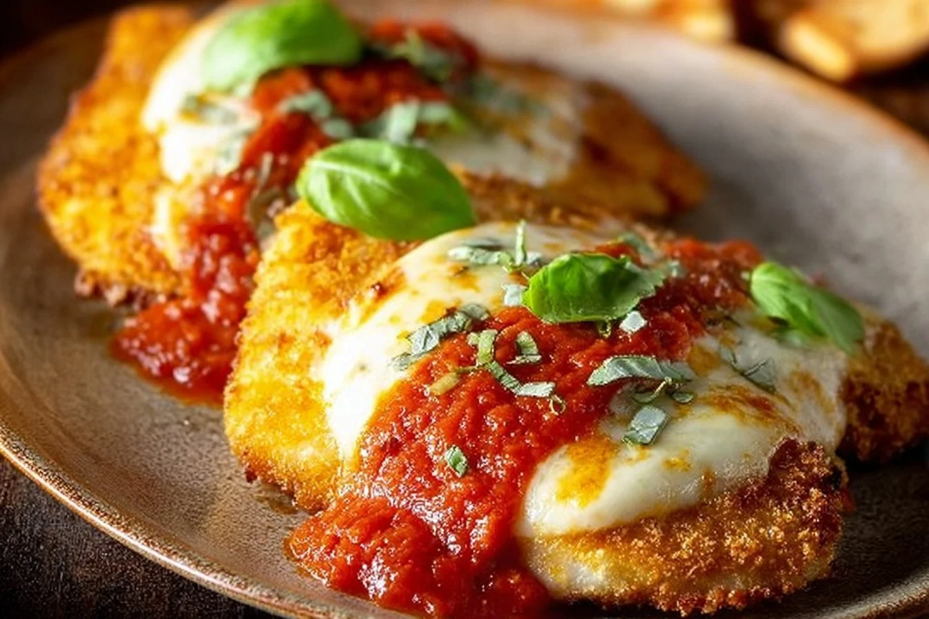 Delicious plate of Crispy Chicken Parmesan topped with marinara sauce and cheese