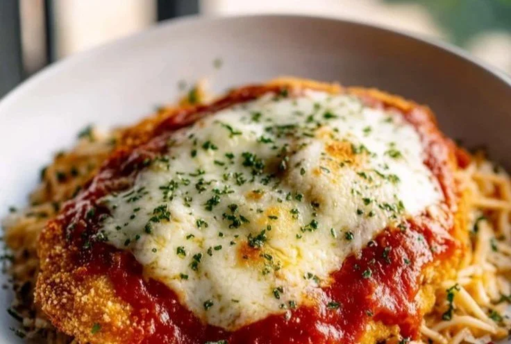 Crispy Chicken Parmesan topped with marinara and melted cheese on a plate