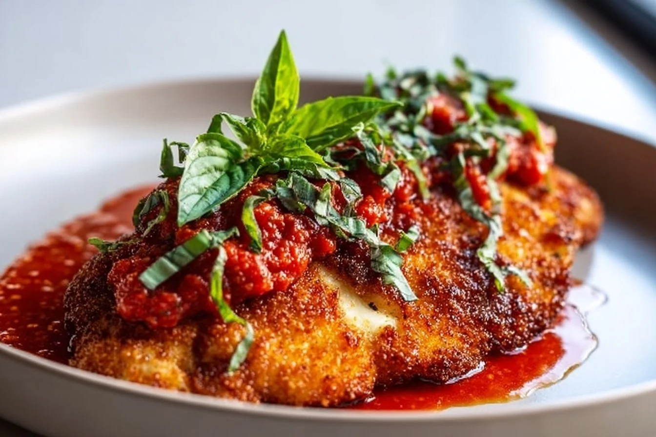 Delicious crispy chicken parmesan dish served with pasta and marinara sauce