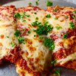 Crispy chicken parmigiana topped with marinara sauce and melted cheese