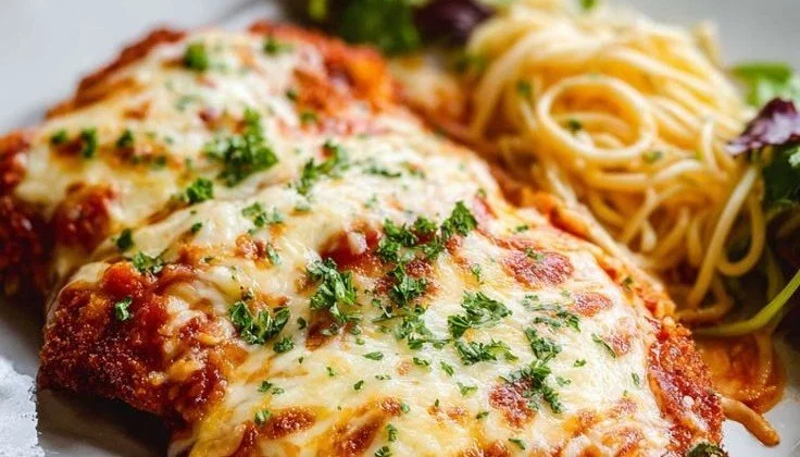 Delicious Crispy Chicken Parmigiana with melted cheese and marinara sauce.