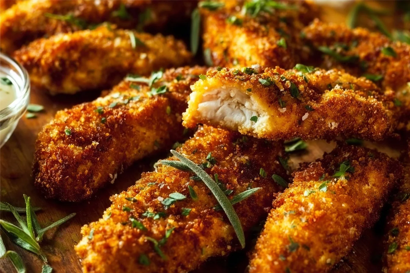 Crispy Crack Chicken Parmesan Tenders Crispy Crack Chicken Parmesan Crispy Crack Chicken Parmesan Tenders plated with herbs and dipping sauce