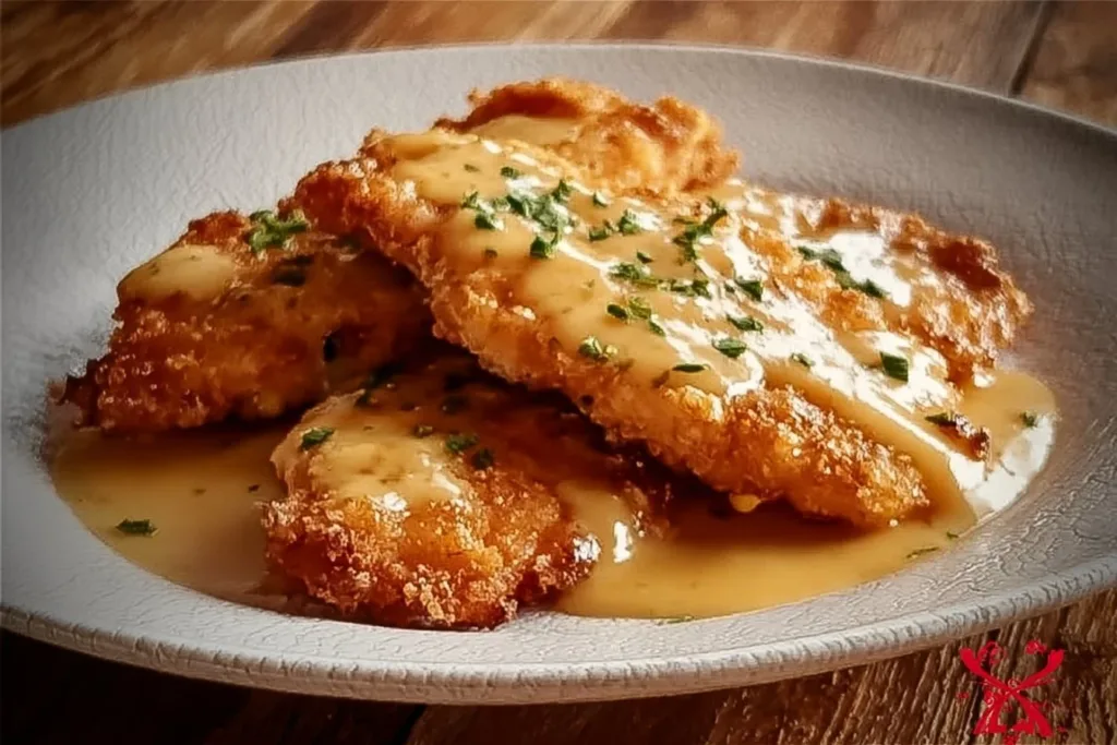 Crispy Malibu chicken served with creamy mustard sauce on a plate