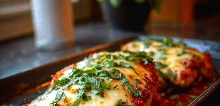 Crispy oven-parmesan baked chicken served on a plate with herbs