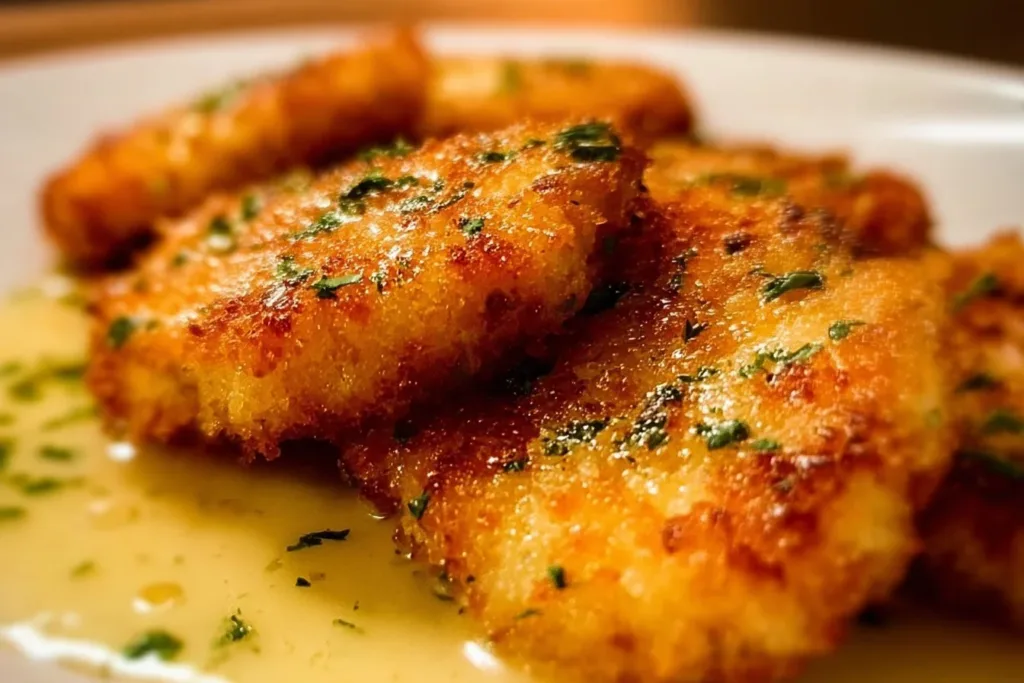 Crispy Parmesan Chicken served with herbs and a side dish