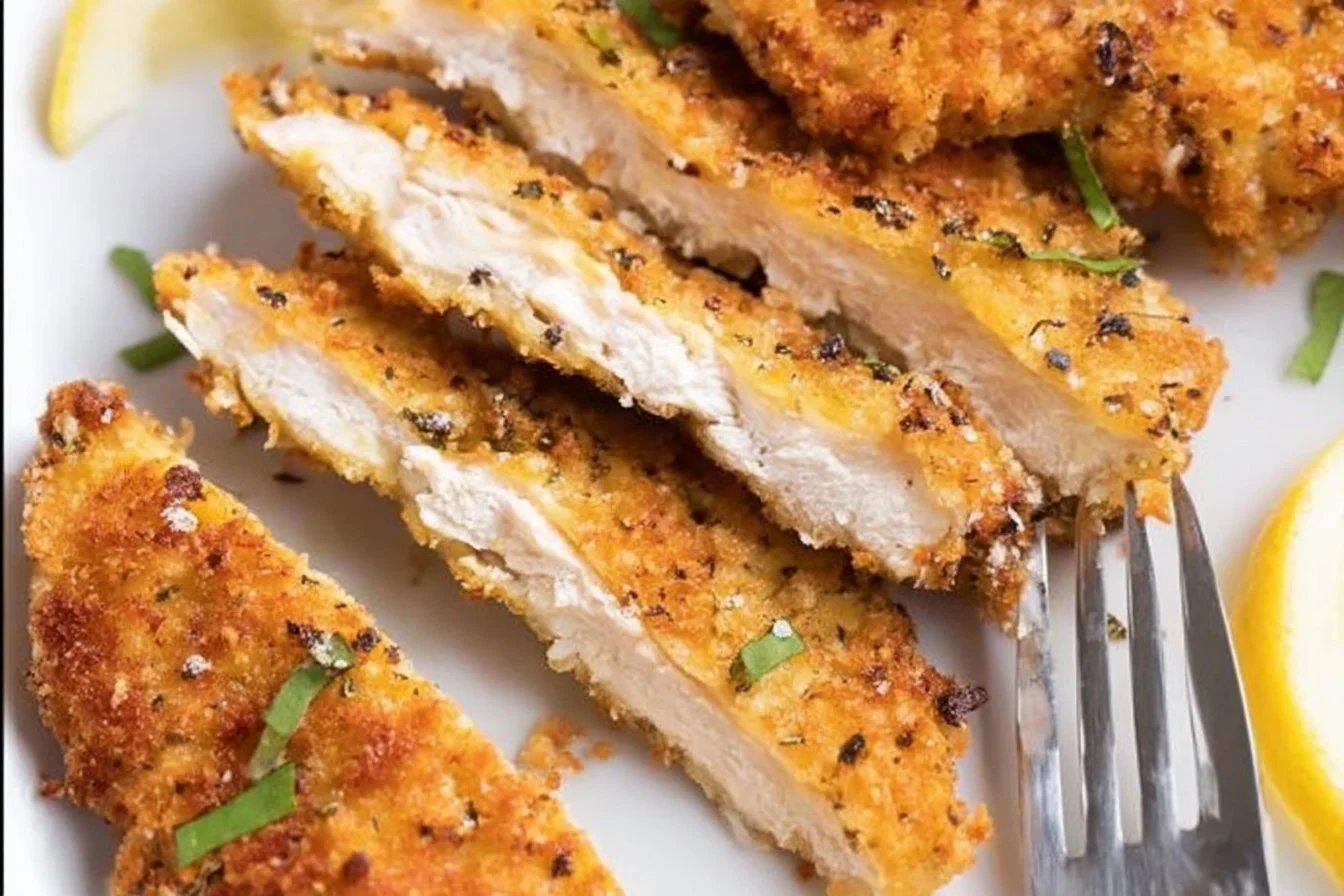 Plate of crispy Parmesan chicken cutlets garnished with herbs