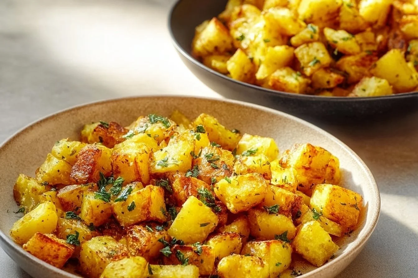 Crispy skillet breakfast potatoes served in a cast iron pan