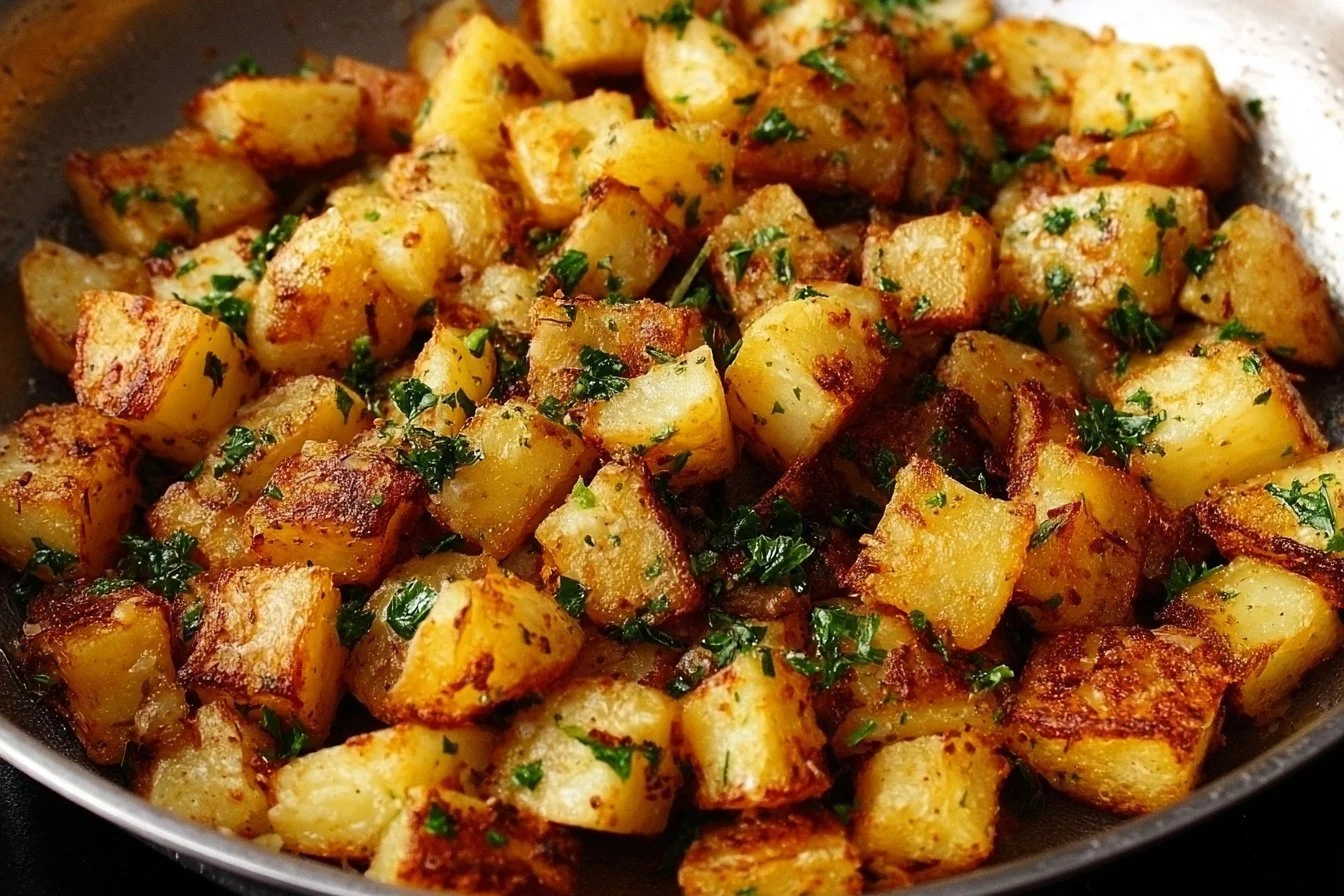 Crispy skillet breakfast potatoes served in a skillet