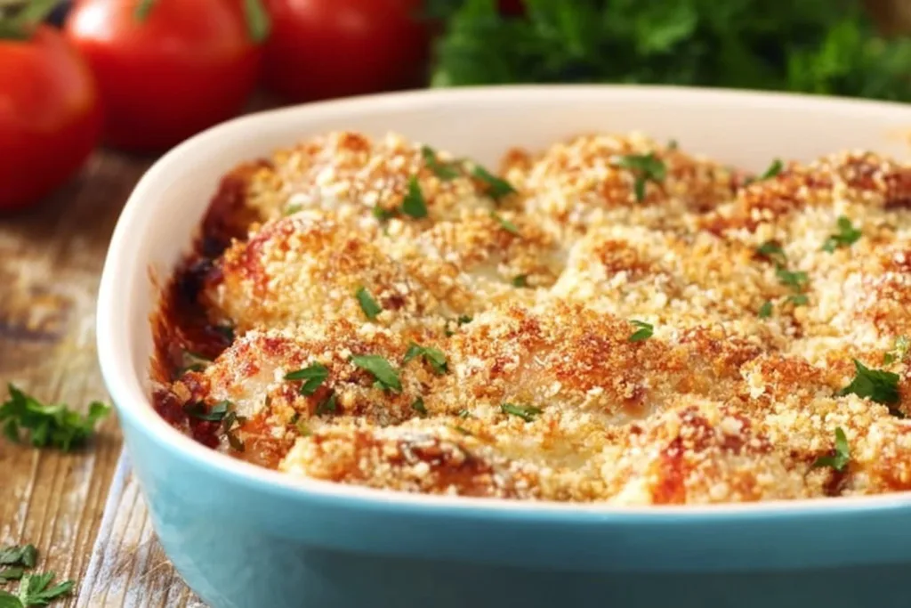 Dump and Bake Chicken Parmesan dish with cheese and marinara sauce on plate.