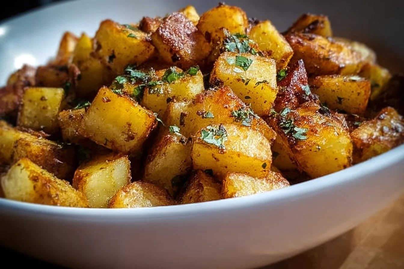 Crispy breakfast potatoes served on a plate with herbs