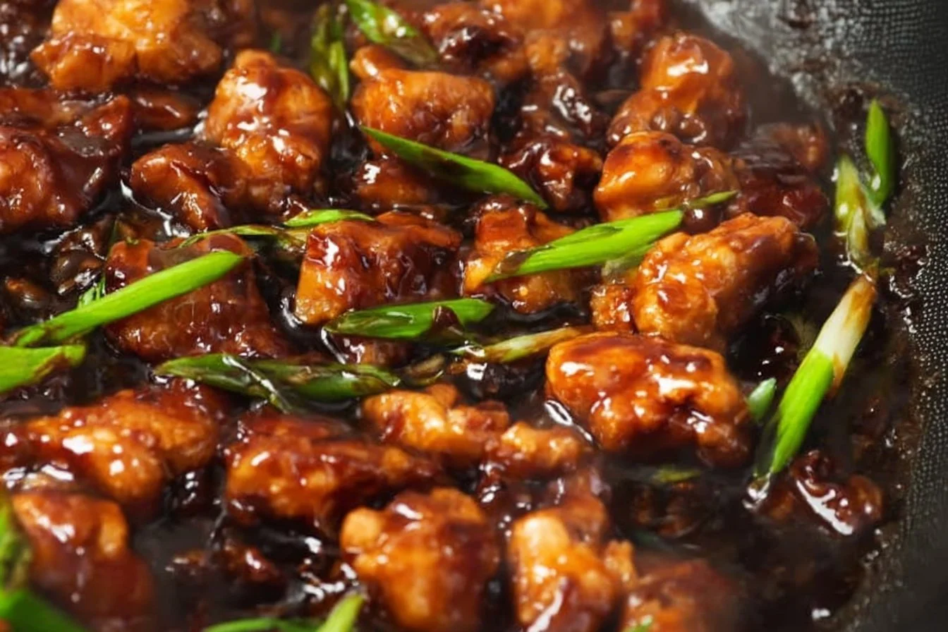 Delicious Easy 30-Minute Mongolian Chicken served with rice and vegetables.