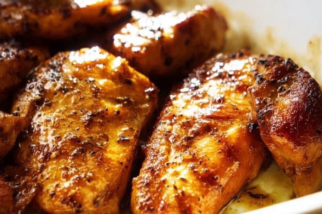 Juicy baked chicken breast served with vegetables on a plate