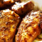 Juicy baked chicken breast served with vegetables on a plate