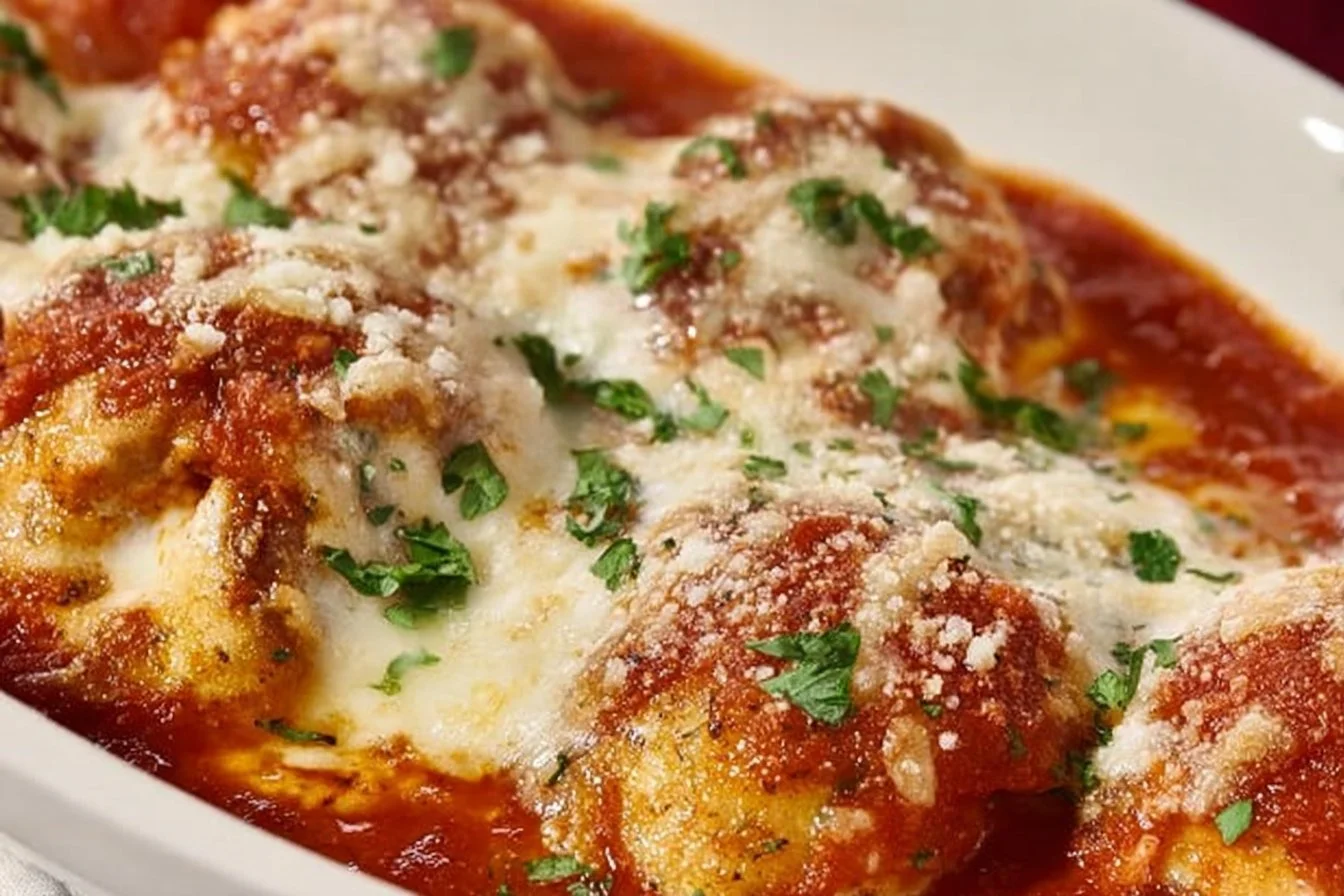Delicious Easy Baked Chicken Parmesan topped with cheese and marinara sauce