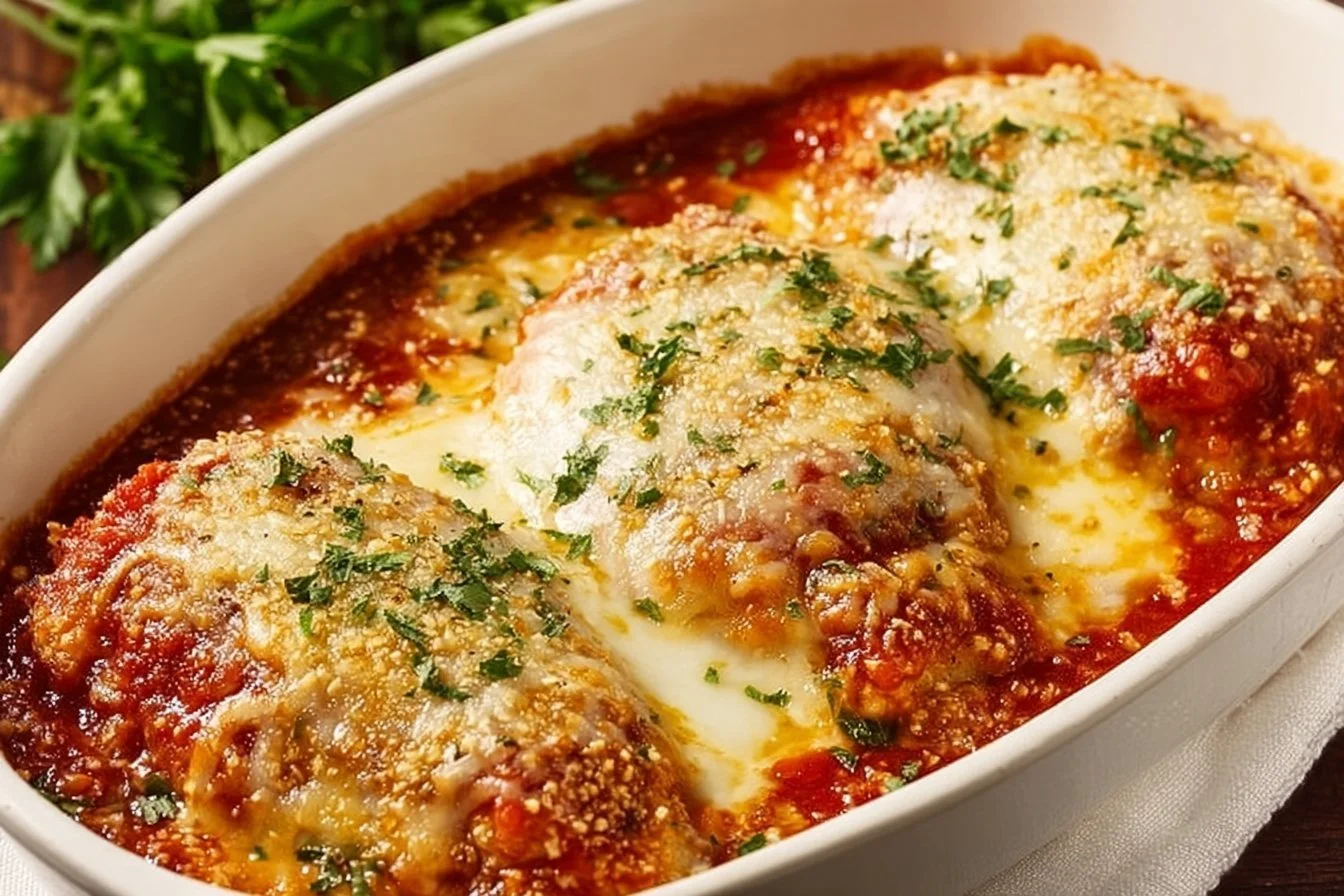 Easy Baked Chicken Parmesan served with marinara sauce and melted cheese