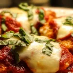 Delicious baked chicken parmesan served with marinara sauce and herbs