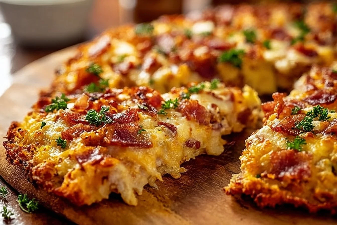 Easy breakfast pizza with a hash brown crust topped with eggs and cheese