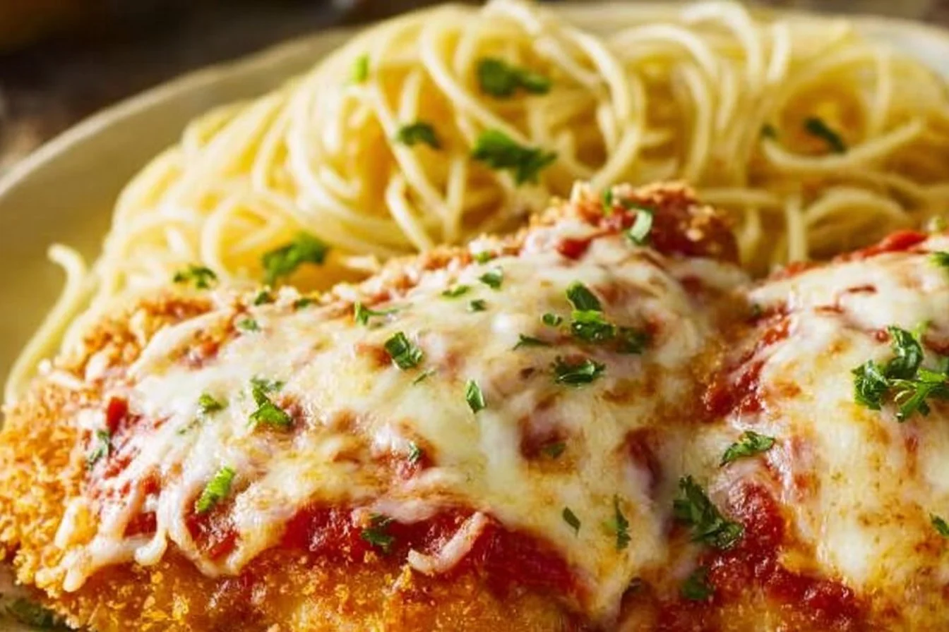 Easy Chicken Parmesan chicken parmesan Delicious easy chicken parmesan served with pasta and fresh basil.