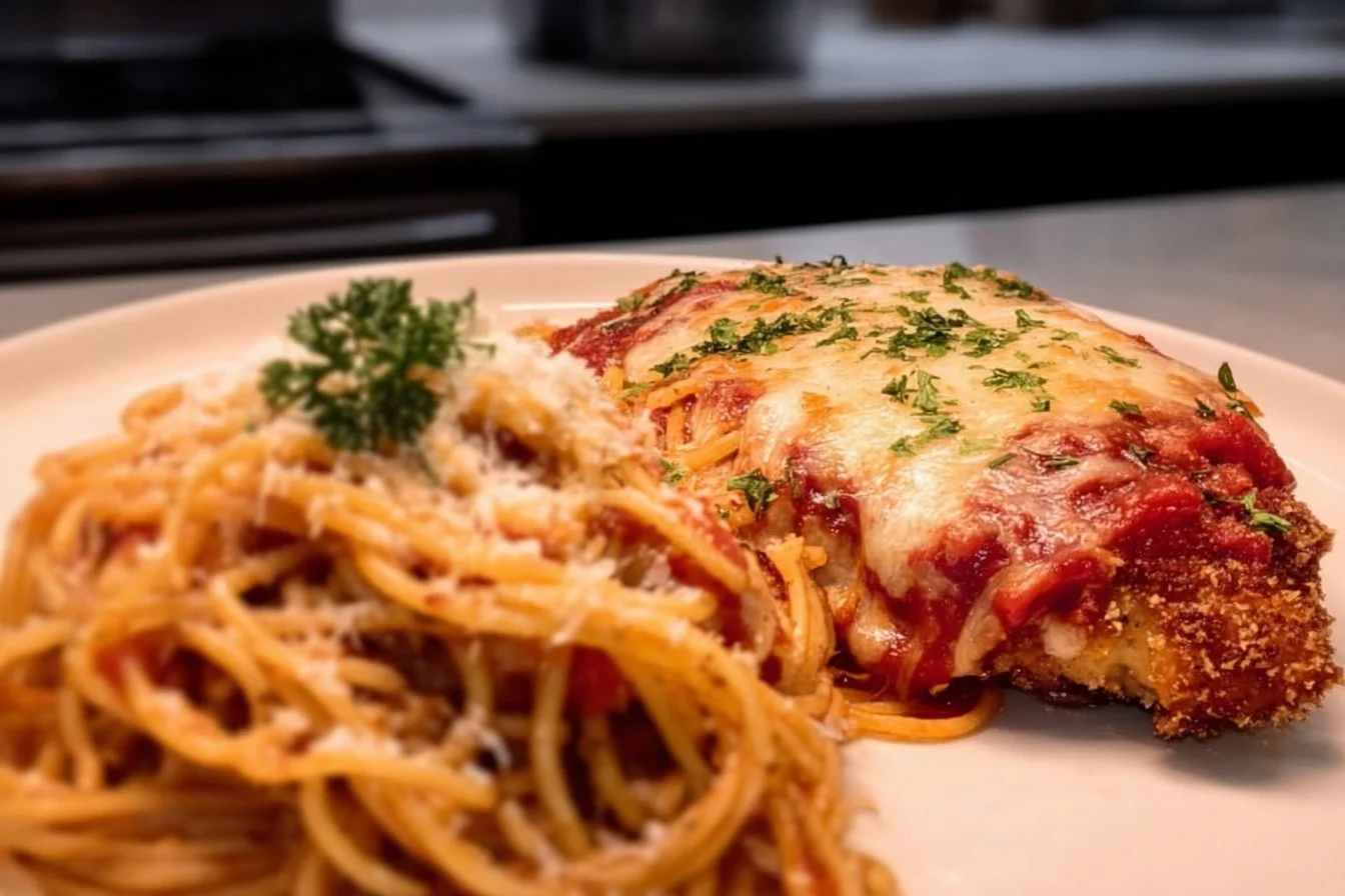 Delicious Easy Chicken Parmesan ready to serve with pasta and sauce.