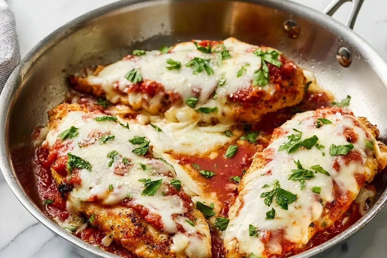Delicious easy chicken parmesan served with pasta and herbs