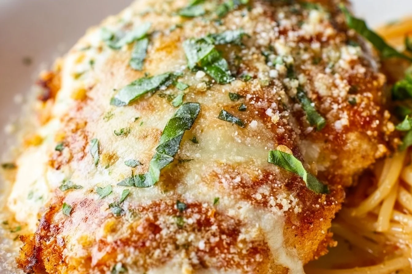 A plate of easy chicken parmesan with melted cheese and marinara sauce