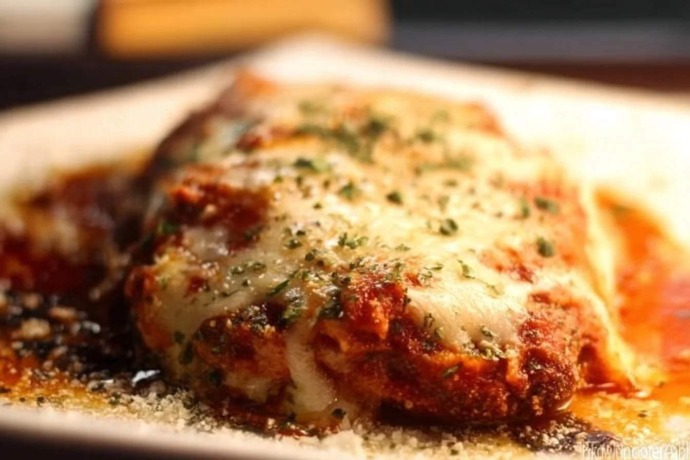 Easy Chicken Parmesan chicken parmesan Plate of easy chicken parmesan with marinara sauce and melted cheese