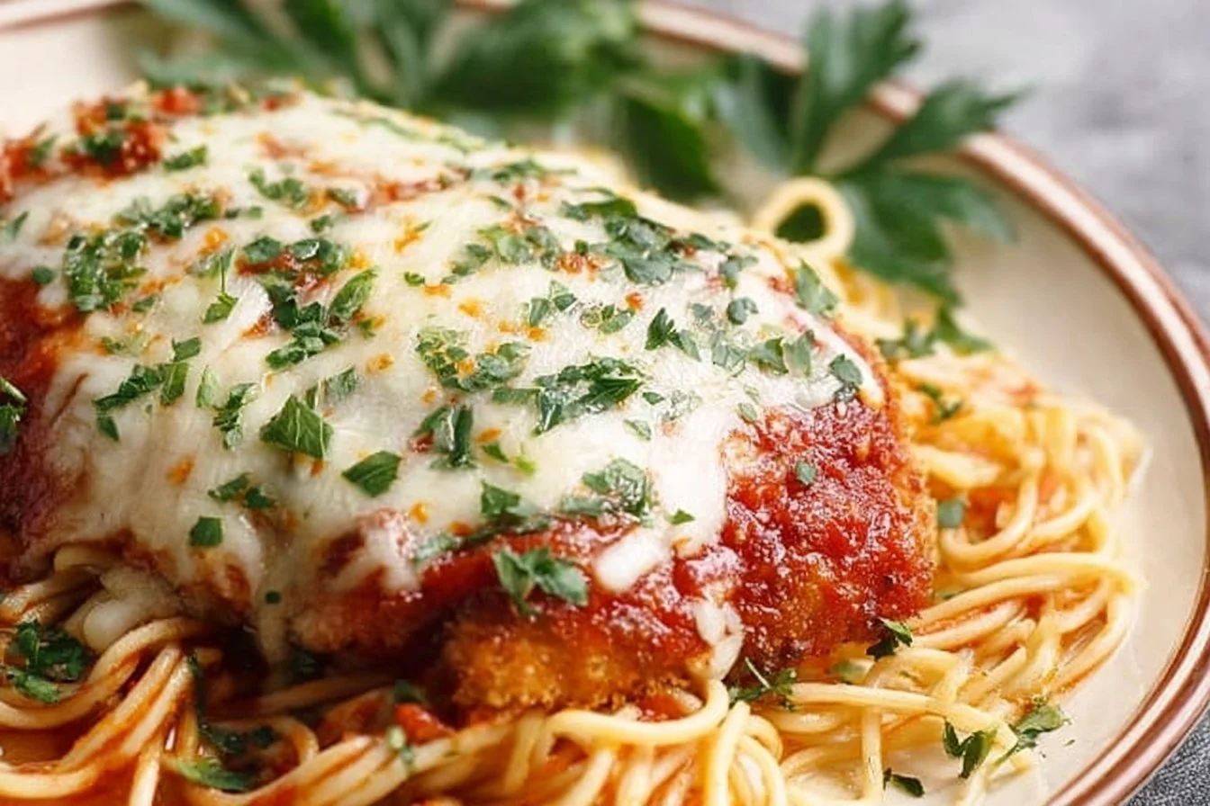 Easy and delicious chicken parmesan served with pasta and marinara sauce