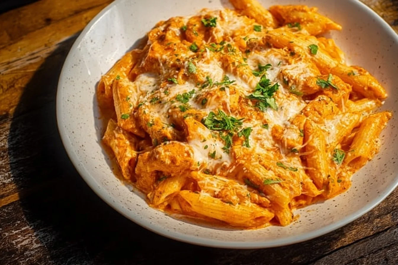 Plate of easy Chicken Parmesan Pasta topped with herbs and cheese