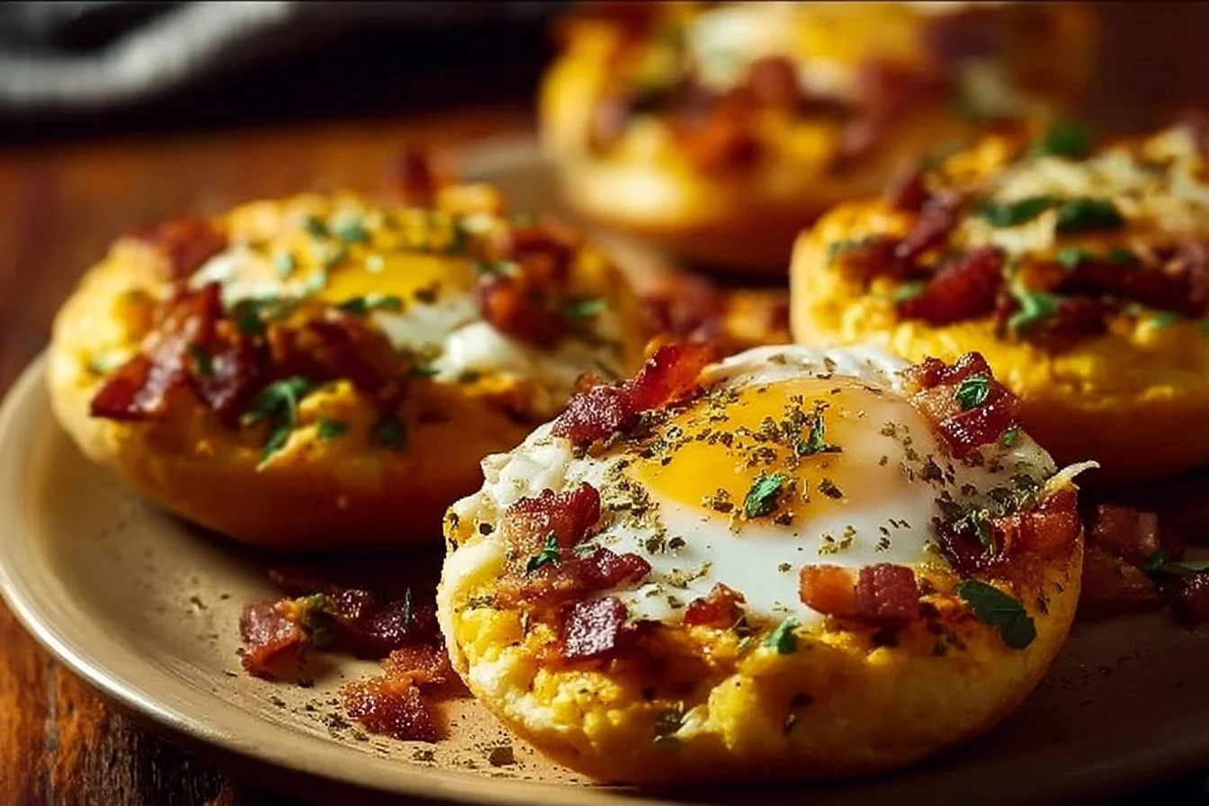 Easy English muffin breakfast pizza topped with cheese, eggs, and veggies.