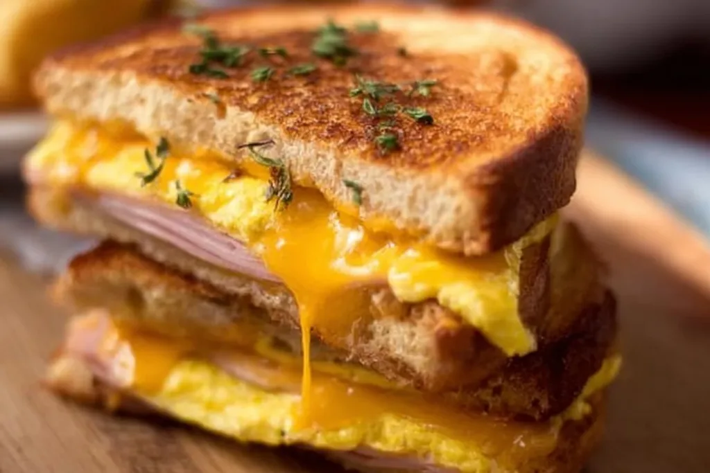 Egg and ham breakfast sandwich featuring a fluffy egg and savory ham on toasted bread.