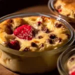 Fluffy baked protein pancake bowl topped with fresh fruit and syrup