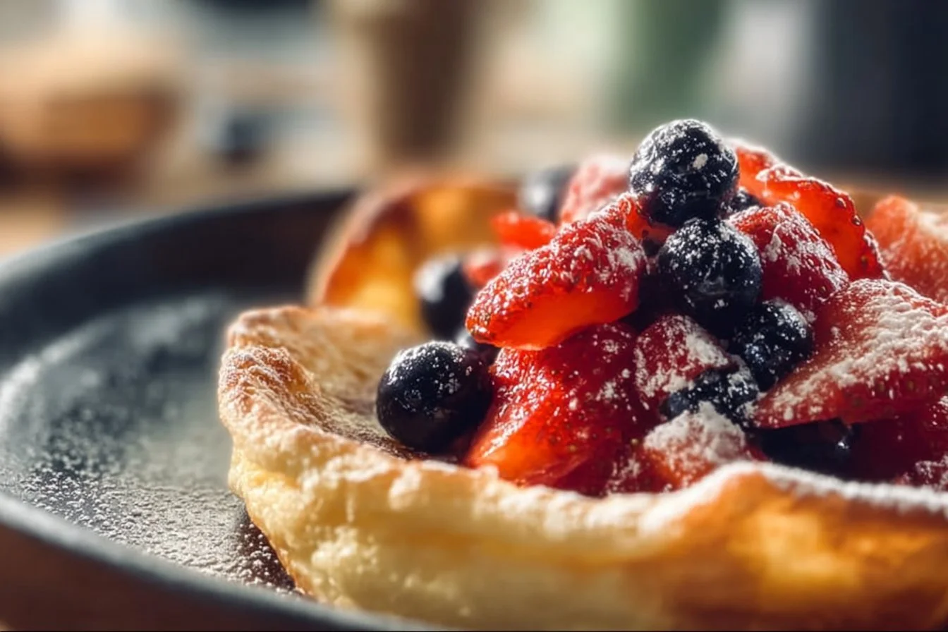 Fluffy German pancakes topped with fresh berries and syrup