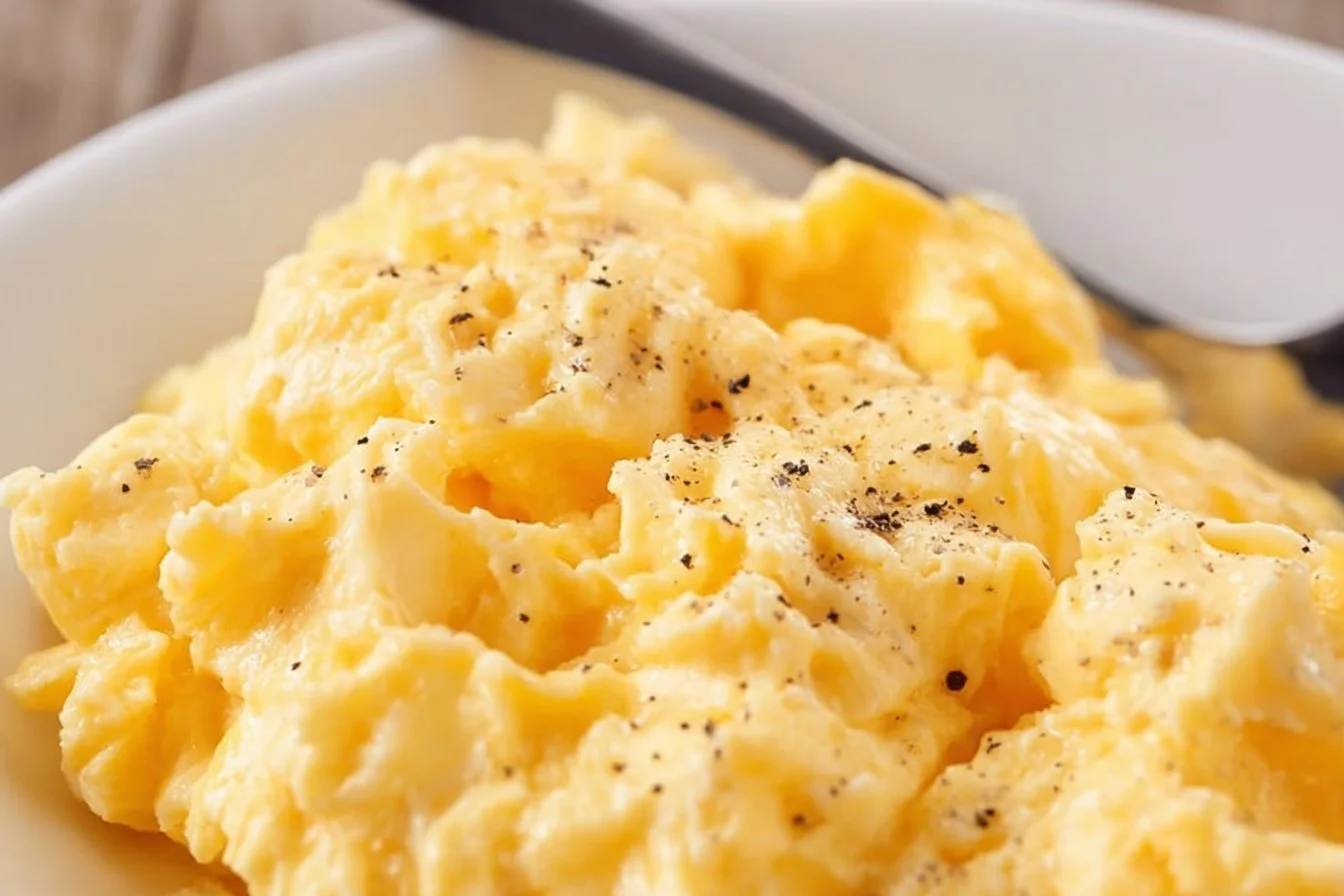 Fluffy scrambled eggs cooked to perfection in a skillet.